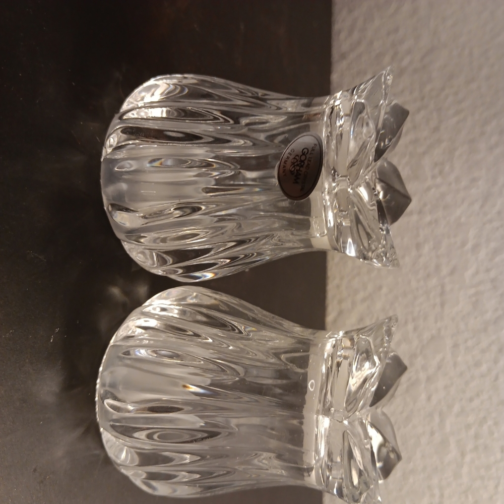 EXQUISITE Pair of Gorham Crystal Etched 3" S/P Shakers Made in Germany.